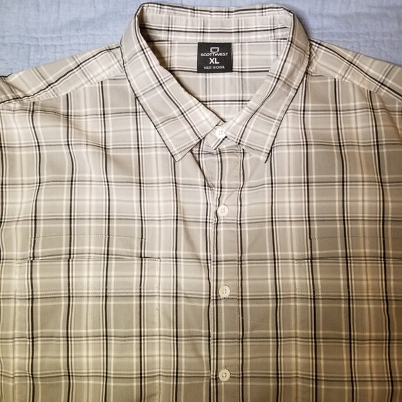 ScotteVest Docksider Shirt for Men Short Sleeve Plaid Button Down 7 Pockets - Picture 2 of 9